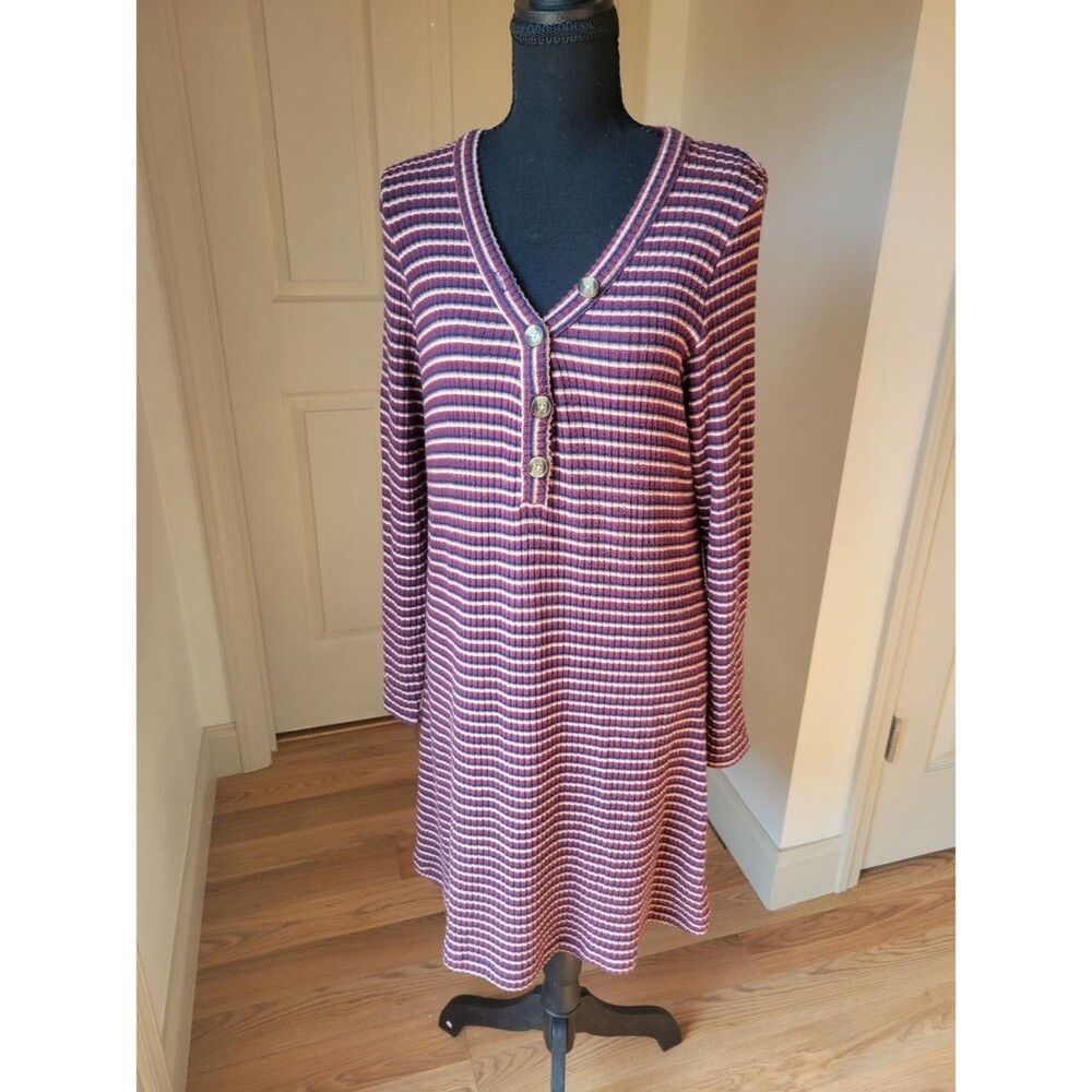 American Eagle Striped Henley Sweater Dress Ribbed Knit Burgundy V-Neck Size L